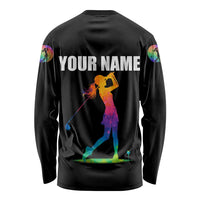 Colorful Golf Long Sleeve Shirt Watercolor American Flag Female Golfer Silhouette in Rainbow Gradient - Wonder Print Shop