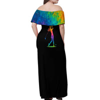 Colorful Golf Off Shoulder Maxi Dress Watercolor American Flag Female Golfer Silhouette in Rainbow Gradient - Wonder Print Shop