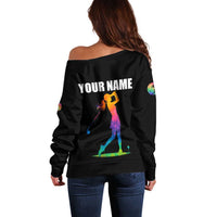 Colorful Golf Off Shoulder Sweater Watercolor American Flag Female Golfer Silhouette in Rainbow Gradient - Wonder Print Shop