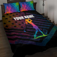 Colorful Golf Quilt Bed Set Watercolor American Flag Female Golfer Silhouette in Rainbow Gradient - Wonder Print Shop