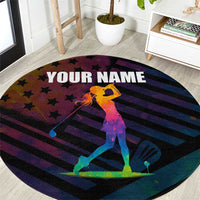 Colorful Golf Round Carpet Watercolor American Flag Female Golfer Silhouette in Rainbow Gradient - Wonder Print Shop
