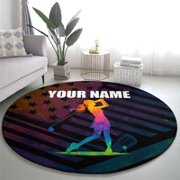 Colorful Golf Round Carpet Watercolor American Flag Female Golfer Silhouette in Rainbow Gradient - Wonder Print Shop