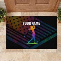 Colorful Golf Rubber Doormat Watercolor American Flag Female Golfer Silhouette in Rainbow Gradient - Wonder Print Shop