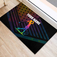 Colorful Golf Rubber Doormat Watercolor American Flag Female Golfer Silhouette in Rainbow Gradient - Wonder Print Shop
