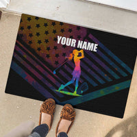 Colorful Golf Rubber Doormat Watercolor American Flag Female Golfer Silhouette in Rainbow Gradient - Wonder Print Shop