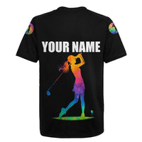 Colorful Golf Rugby Jersey Watercolor American Flag Female Golfer Silhouette in Rainbow Gradient - Wonder Print Shop