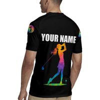 Colorful Golf Rugby Jersey Watercolor American Flag Female Golfer Silhouette in Rainbow Gradient - Wonder Print Shop