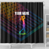 Colorful Golf Shower Curtain Watercolor American Flag Female Golfer Silhouette in Rainbow Gradient - Wonder Print Shop