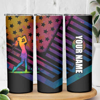 Colorful Golf Skinny Tumbler Watercolor American Flag Female Golfer Silhouette in Rainbow Gradient - Wonder Print Shop
