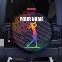 Colorful Golf Spare Tire Cover Watercolor American Flag Female Golfer Silhouette in Rainbow Gradient - Wonder Print Shop