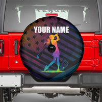 Colorful Golf Spare Tire Cover Watercolor American Flag Female Golfer Silhouette in Rainbow Gradient - Wonder Print Shop