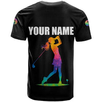 Colorful Golf T Shirt Watercolor American Flag Female Golfer Silhouette in Rainbow Gradient - Wonder Print Shop