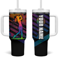 Colorful Golf Tumbler With Handle Watercolor American Flag Female Golfer Silhouette in Rainbow Gradient - Wonder Print Shop