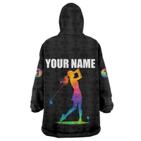 Colorful Golf Wearable Blanket Hoodie Watercolor American Flag Female Golfer Silhouette in Rainbow Gradient - Wonder Print Shop