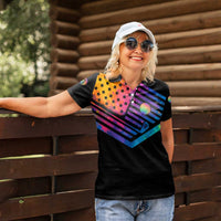 Colorful Golf Women Polo Shirt Watercolor American Flag Female Golfer Silhouette in Rainbow Gradient - Wonder Print Shop