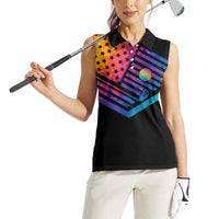 Colorful Golf Women Sleeveless Polo Shirt Watercolor American Flag Female Golfer Silhouette in Rainbow Gradient - Wonder Print Shop