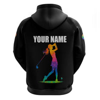 Colorful Golf Zip Hoodie Watercolor American Flag Female Golfer Silhouette in Rainbow Gradient - Wonder Print Shop