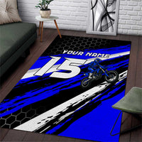 Custom Blue Motocross Area Rug with Dirt Bike Rider Graphic Design on Honeycomb Pattern - Wonder Print Shop