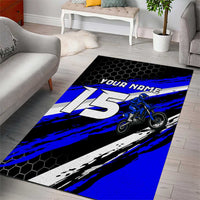 Custom Blue Motocross Area Rug with Dirt Bike Rider Graphic Design on Honeycomb Pattern - Wonder Print Shop