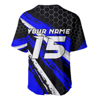 Custom Blue Motocross Baseball Jersey with Dirt Bike Rider Graphic Design on Honeycomb Pattern - Wonder Print Shop