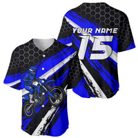 Custom Blue Motocross Baseball Jersey with Dirt Bike Rider Graphic Design on Honeycomb Pattern - Wonder Print Shop