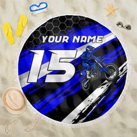 Custom Blue Motocross Beach Blanket with Dirt Bike Rider Graphic Design on Honeycomb Pattern - Wonder Print Shop