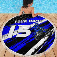 Custom Blue Motocross Beach Blanket with Dirt Bike Rider Graphic Design on Honeycomb Pattern - Wonder Print Shop