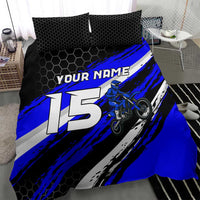 Custom Blue Motocross Bedding Set with Dirt Bike Rider Graphic Design on Honeycomb Pattern - Wonder Print Shop