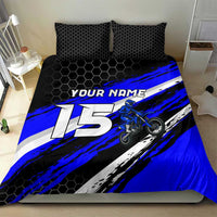 Custom Blue Motocross Bedding Set with Dirt Bike Rider Graphic Design on Honeycomb Pattern - Wonder Print Shop