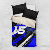 Custom Blue Motocross Bedding Set with Dirt Bike Rider Graphic Design on Honeycomb Pattern - Wonder Print Shop