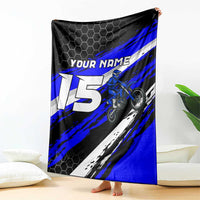 Custom Blue Motocross Blanket with Dirt Bike Rider Graphic Design on Honeycomb Pattern - Wonder Print Shop
