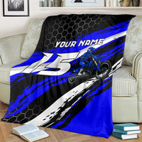 Custom Blue Motocross Blanket with Dirt Bike Rider Graphic Design on Honeycomb Pattern - Wonder Print Shop