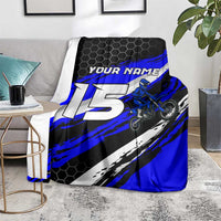 Custom Blue Motocross Blanket with Dirt Bike Rider Graphic Design on Honeycomb Pattern - Wonder Print Shop