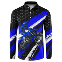 Custom Blue Motocross Button Sweatshirt with Dirt Bike Rider Graphic Design on Honeycomb Pattern - Wonder Print Shop