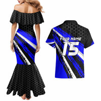 Custom Blue Motocross Couples Matching Mermaid Dress and Hawaiian Shirt with Dirt Bike Rider Graphic Design on Honeycomb Pattern - Wonder Print Shop