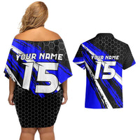Custom Blue Motocross Couples Matching Off Shoulder Short Dress and Hawaiian Shirt with Dirt Bike Rider Graphic Design on Honeycomb Pattern - Wonder Print Shop