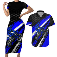 Custom Blue Motocross Couples Matching Short Sleeve Bodycon Dress and Hawaiian Shirt with Dirt Bike Rider Graphic Design on Honeycomb Pattern - Wonder Print Shop