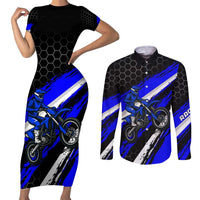 Custom Blue Motocross Couples Matching Short Sleeve Bodycon Dress and Long Sleeve Button Shirt with Dirt Bike Rider Graphic Design on Honeycomb Pattern - Wonder Print Shop