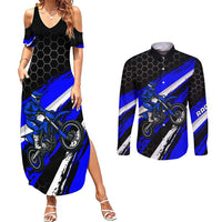 Custom Blue Motocross Couples Matching Summer Maxi Dress and Long Sleeve Button Shirt with Dirt Bike Rider Graphic Design on Honeycomb Pattern - Wonder Print Shop