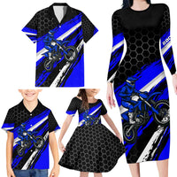Custom Blue Motocross Family Matching Long Sleeve Bodycon Dress and Hawaiian Shirt with Dirt Bike Rider Graphic Design on Honeycomb Pattern - Wonder Print Shop