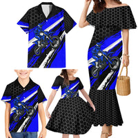 Custom Blue Motocross Family Matching Mermaid Dress and Hawaiian Shirt with Dirt Bike Rider Graphic Design on Honeycomb Pattern - Wonder Print Shop