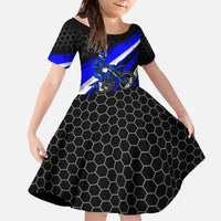 Custom Blue Motocross Family Matching Off The Shoulder Long Sleeve Dress and Hawaiian Shirt with Dirt Bike Rider Graphic Design on Honeycomb Pattern - Wonder Print Shop