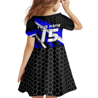 Custom Blue Motocross Family Matching Off The Shoulder Long Sleeve Dress and Hawaiian Shirt with Dirt Bike Rider Graphic Design on Honeycomb Pattern - Wonder Print Shop