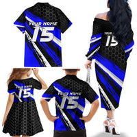 Custom Blue Motocross Family Matching Off The Shoulder Long Sleeve Dress and Hawaiian Shirt with Dirt Bike Rider Graphic Design on Honeycomb Pattern - Wonder Print Shop