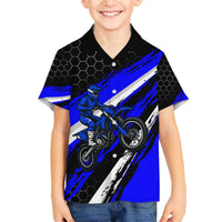 Custom Blue Motocross Family Matching Off The Shoulder Long Sleeve Dress and Hawaiian Shirt with Dirt Bike Rider Graphic Design on Honeycomb Pattern - Wonder Print Shop