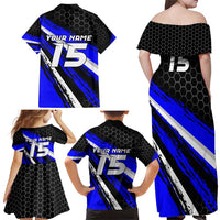 Custom Blue Motocross Family Matching Off Shoulder Maxi Dress and Hawaiian Shirt with Dirt Bike Rider Graphic Design on Honeycomb Pattern - Wonder Print Shop