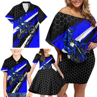 Custom Blue Motocross Family Matching Off Shoulder Short Dress and Hawaiian Shirt with Dirt Bike Rider Graphic Design on Honeycomb Pattern - Wonder Print Shop