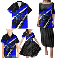 Custom Blue Motocross Family Matching Puletasi and Hawaiian Shirt with Dirt Bike Rider Graphic Design on Honeycomb Pattern - Wonder Print Shop