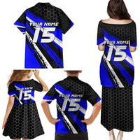 Custom Blue Motocross Family Matching Puletasi and Hawaiian Shirt with Dirt Bike Rider Graphic Design on Honeycomb Pattern - Wonder Print Shop