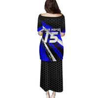 Custom Blue Motocross Family Matching Puletasi and Hawaiian Shirt with Dirt Bike Rider Graphic Design on Honeycomb Pattern - Wonder Print Shop